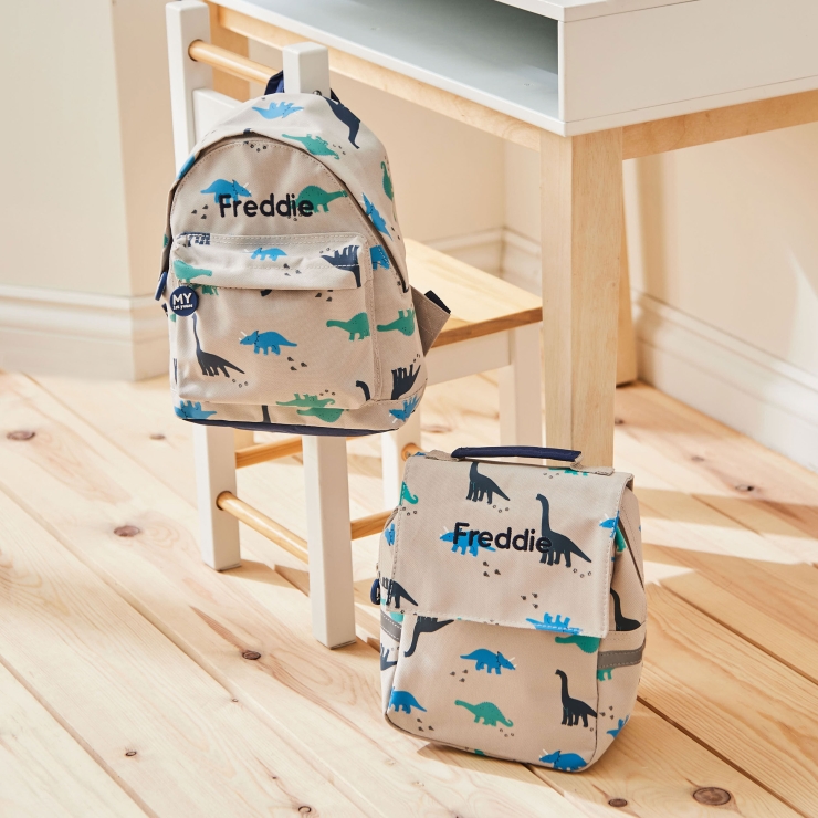 Personalised Grey Dinosaur Backpack & Lunch Bag Set