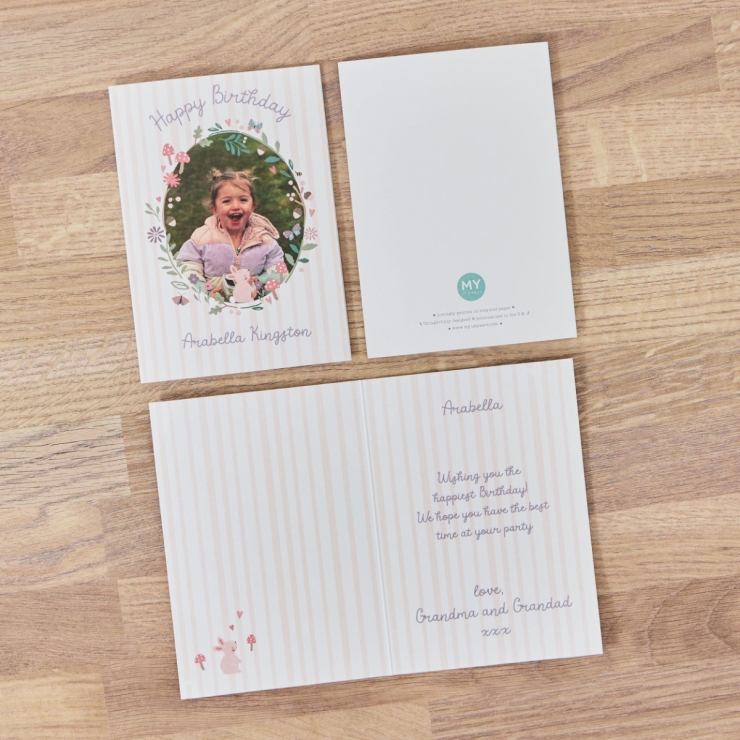 Personalised Pink Stripe Happy Birthday Photo Card