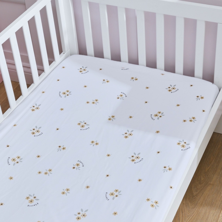 Personalised Yellow Floral All-Over Fitted Cot Sheet