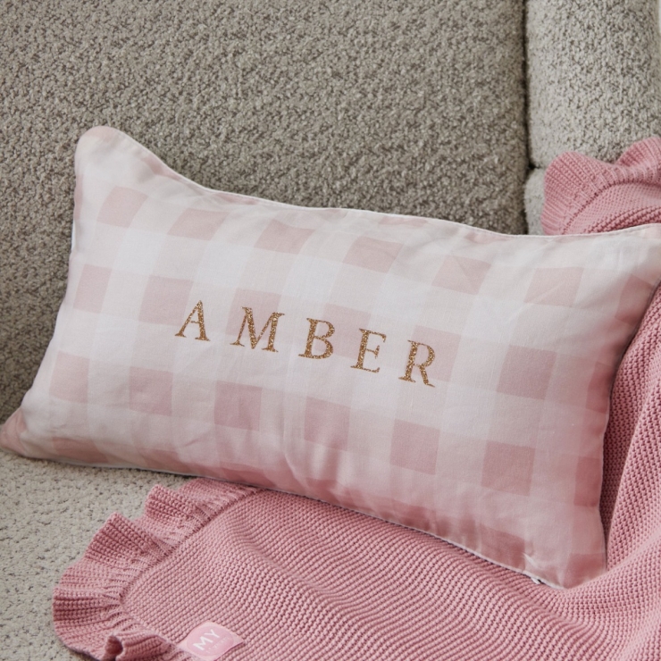 Personalised Pink Gingham Linen Cushion