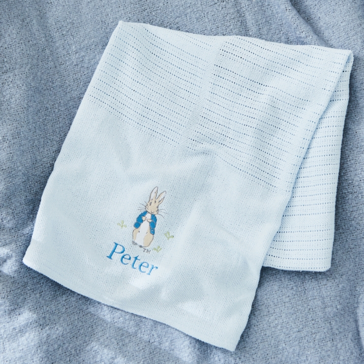 Personalised Peter Rabbit™ Embroidered Blue Cellular Baby Blanket