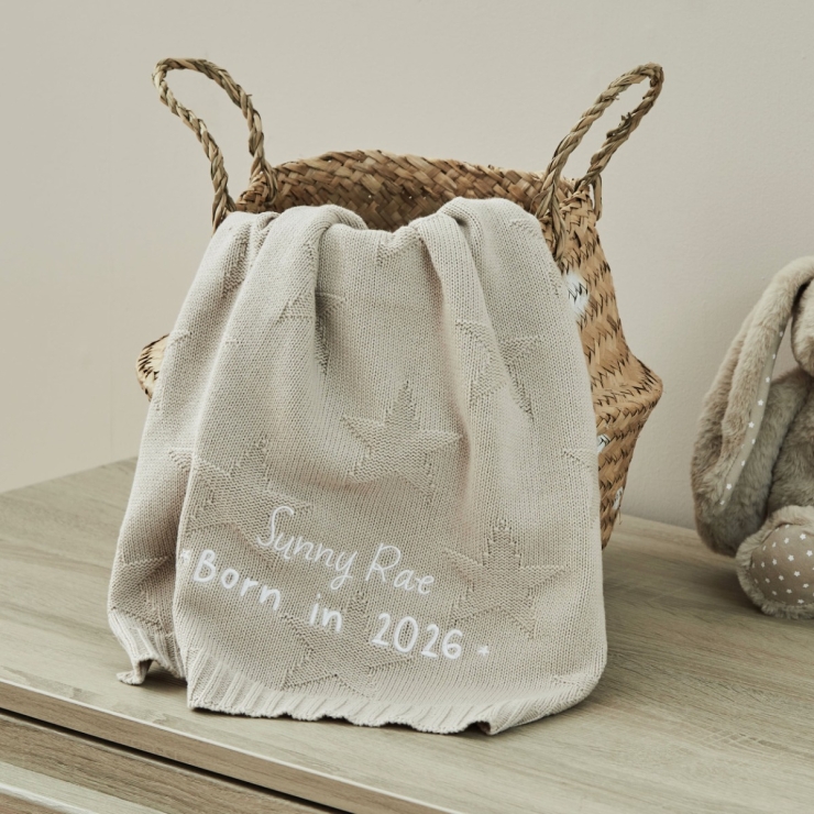 Personalised Born In 2026 Oatmeal Star Jacquard Baby Blanket