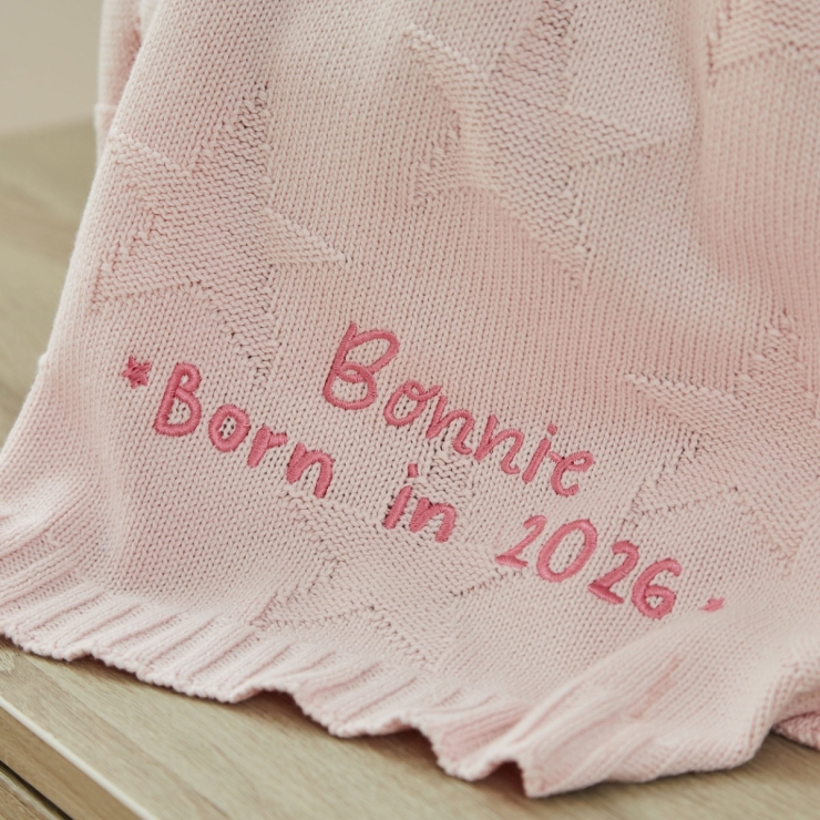 Personalized Born In 2026 Pink Star Jacquard Baby Blanket