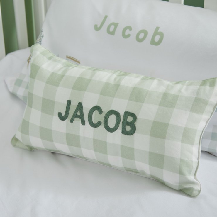 Personalised Sage Checkered Linen Cushion