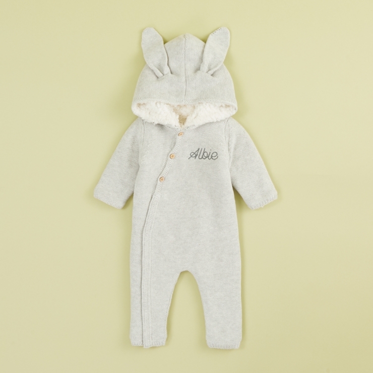 Personalised Grey Knitted Baby Romper Flat