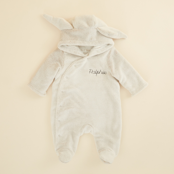 Personalised Grey Bunny Faux Fur Lined Knitted Pramsuit