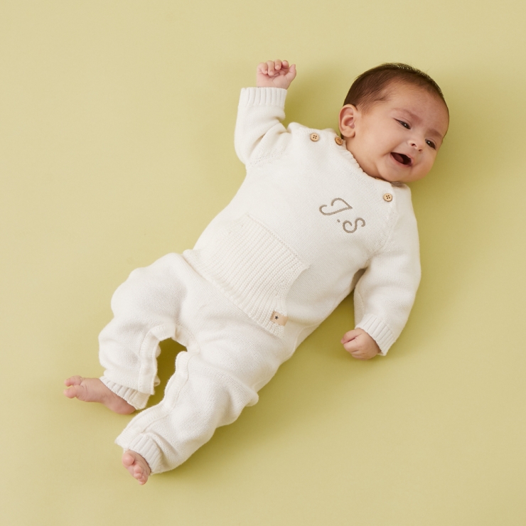 Personalised Oatmeal Knitted Romper Model