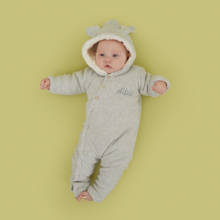 Personalised Grey Knitted Baby Romper Model