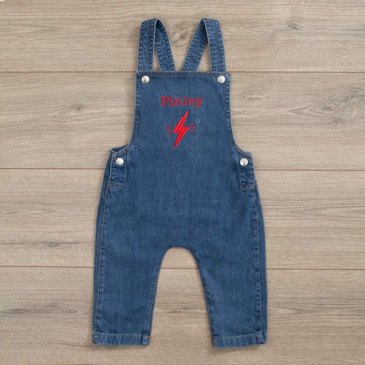 Personalised Lightening Bolt Design Denim Dungarees Front