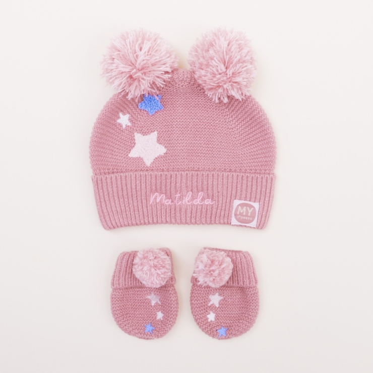 Personalised Pink Knitted Hat and Mittens Set