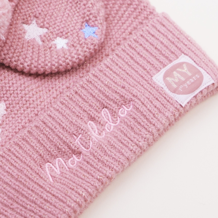 Personalised Pink Knitted Hat and Mittens Set