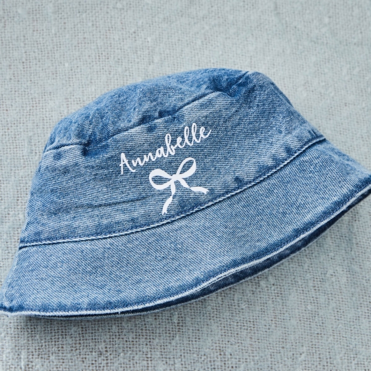 Personalised White Bow Denim Bucket Hat 