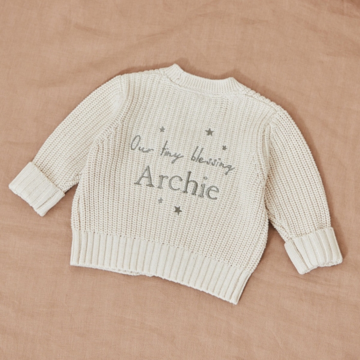 Personalised Our Tiny Blessing Christening Oatmeal Cardigan