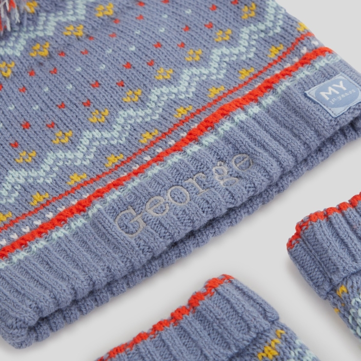 Personalised Blue Patterned Hat & Mitten Set