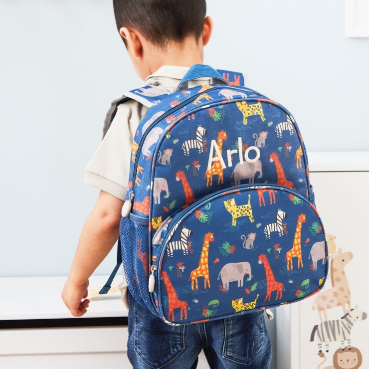 Personalised Navy Safari Print Medium Backpack
