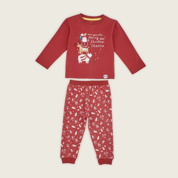 Personalised Merry Little Christmas Jersey Pyjama Set