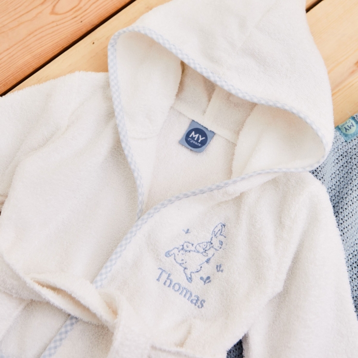 Personalised Blue Gingham Trim Peter Rabbit Towelling Robe
