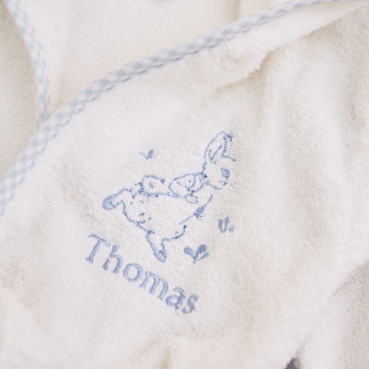 Personalised Blue Gingham Trim Peter Rabbit Towelling Robe