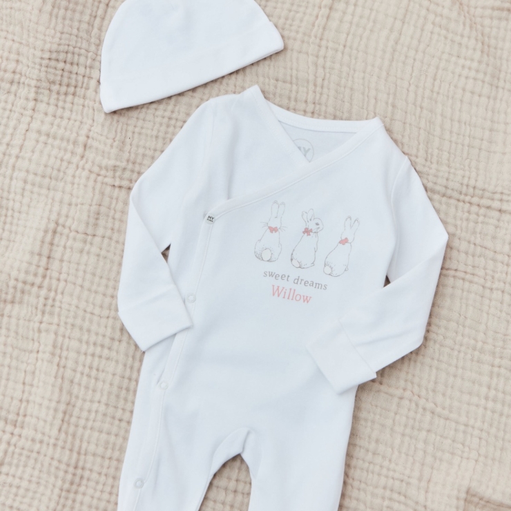 Personalised Three Flopsy™ Bunny Wrap Sleepsuit & Hat Set