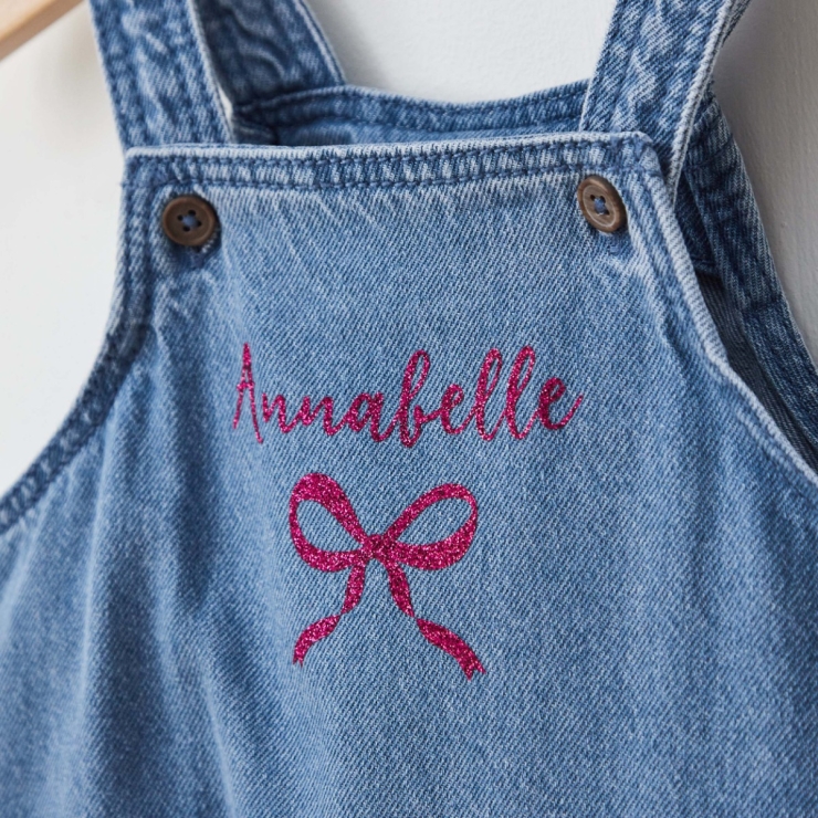 Personalised Pink Glitter Bow Denim Dungarees