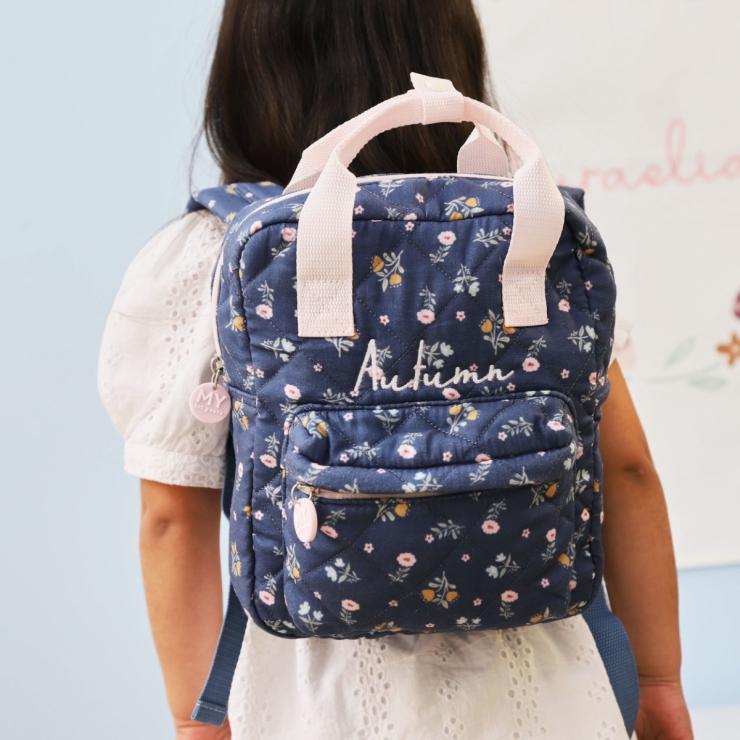 Personalised Quilted Navy Floral Mini Grab Handle Backpack 