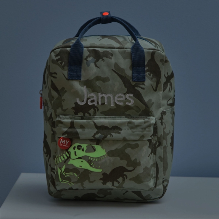 Personalised Dino Camo All-Over Print Glow In The Dark Medium Backpack