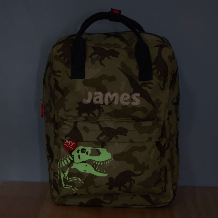 Personalised Dino Camo All-Over Print Glow In The Dark Medium Backpack