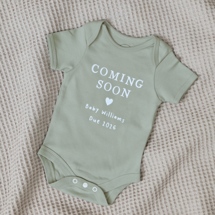 Personalised Coming Soon Sage Organic Bodysuit