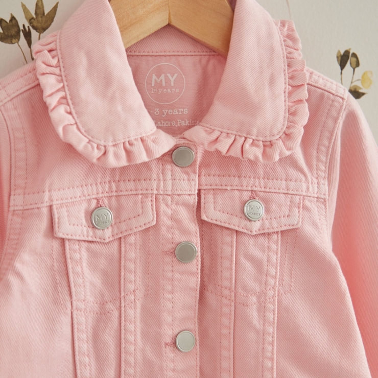 Personalised Floral Butterfly Pink Frill Denim Jacket