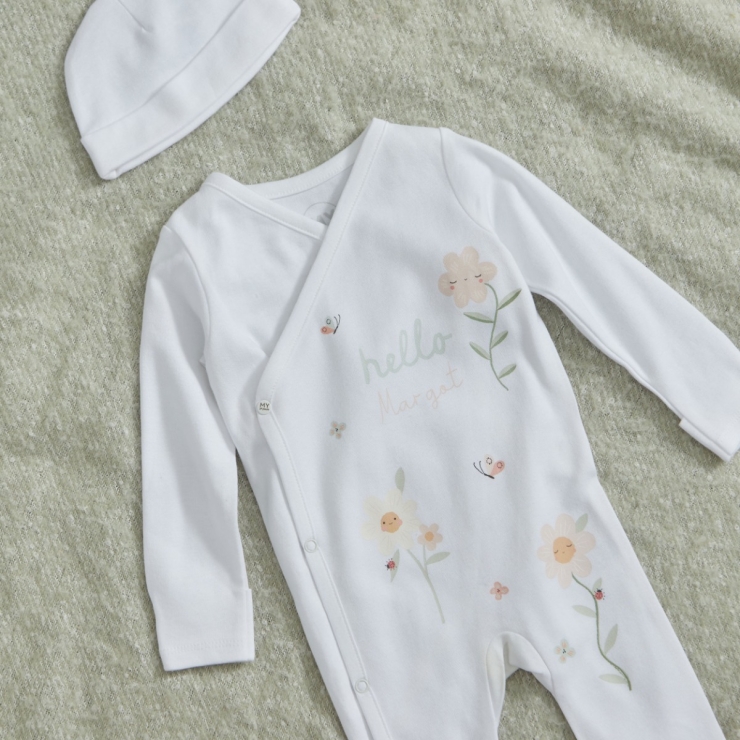 Personalised Floral All-Over Print Wrap Sleepsuit & Hat Gift Set 