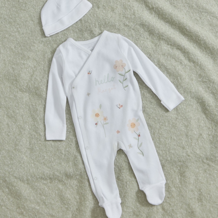 Personalised Floral All-Over Print Wrap Sleepsuit & Hat Gift Set 