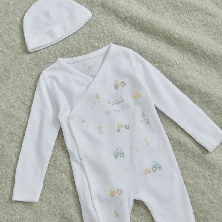 Personalised Tractor All-Over Print Wrap Sleepsuit & Hat Gift Set 