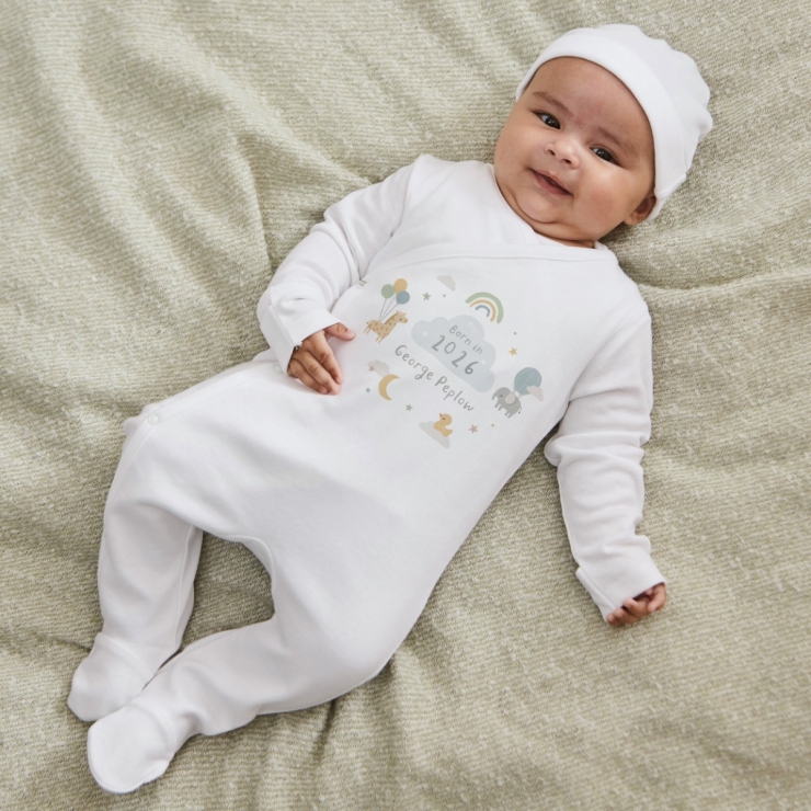 Personalised Born In 2026 Wrap Sleepsuit & Hat Set 
