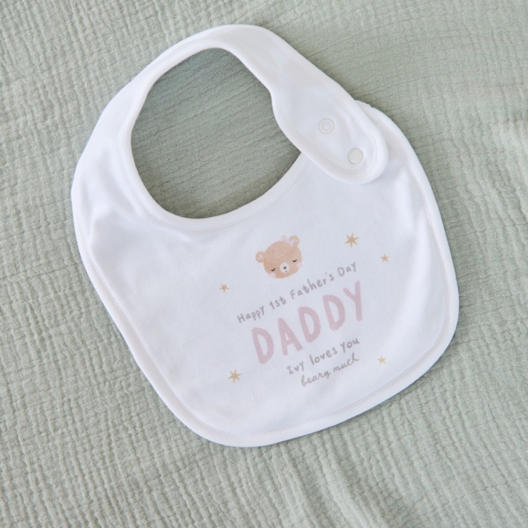 Personalised Father's Day Baby Bear Bib in White and Pink