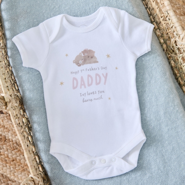 Personalised Father’s Day Baby Bear Bodysuit in White and Pink