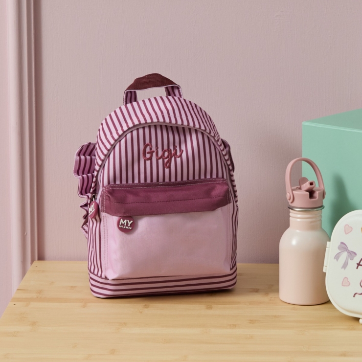 Personalised Pink and Burgundy Stripe Classic Mini Backpack