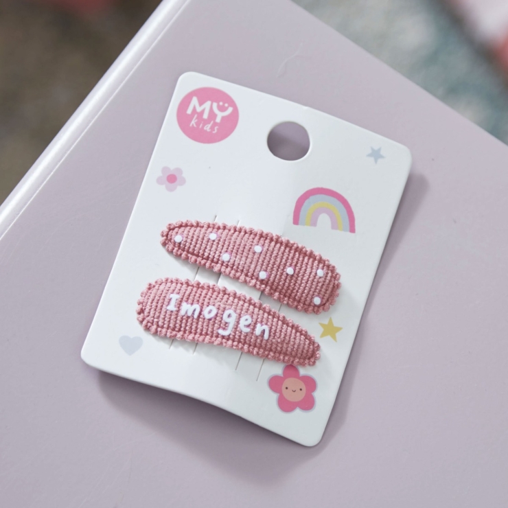 My Kids Personalized Name Set of 2 Pink Fabric Hair Clips