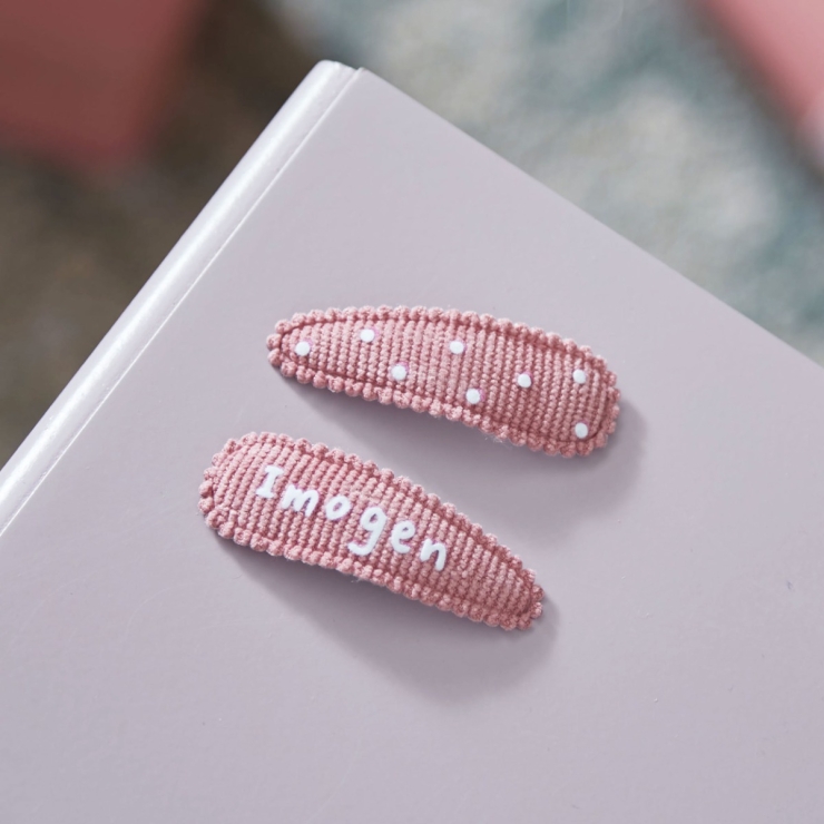 My Kids Personalized Name Set of 2 Pink Fabric Hair Clips