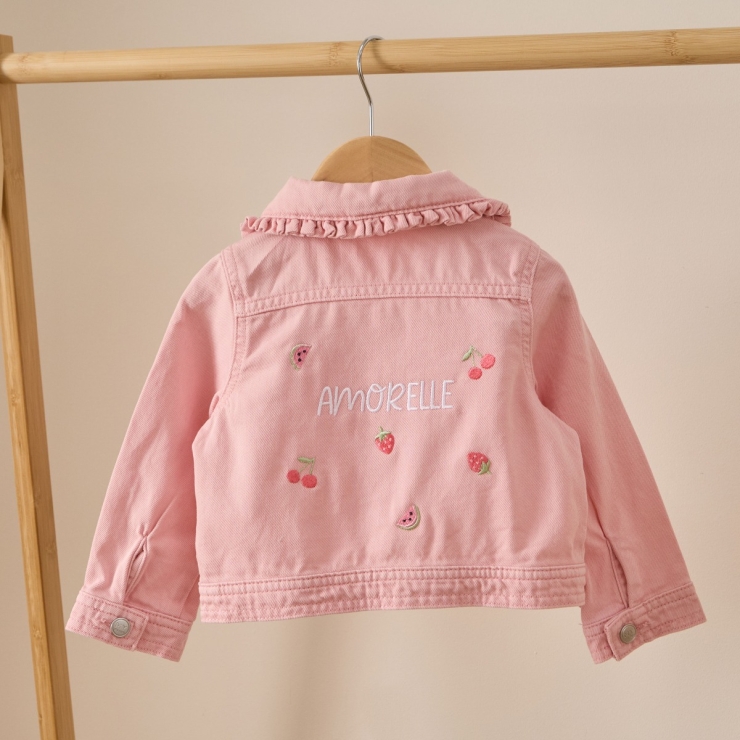 Personalised Red Fruit Pink Frill Denim Jacket