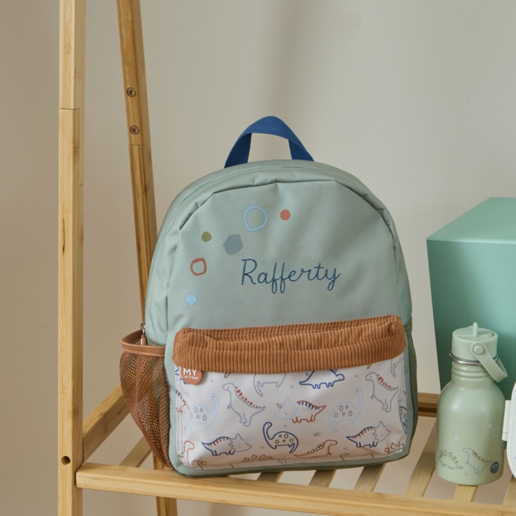 Personalised Neutral Dino Print Pocket Medium Backpack