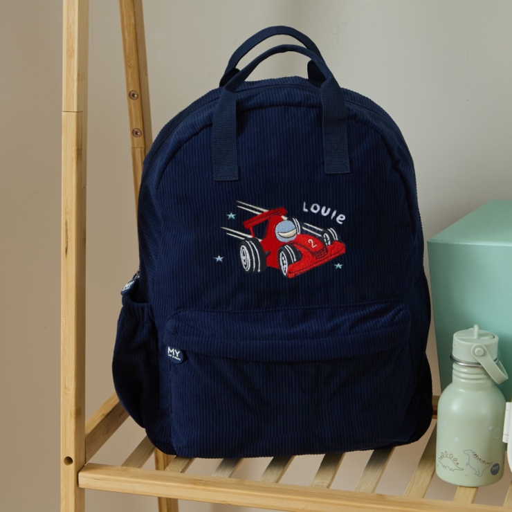 Personalised Racecar Large Navy Cord Backpack