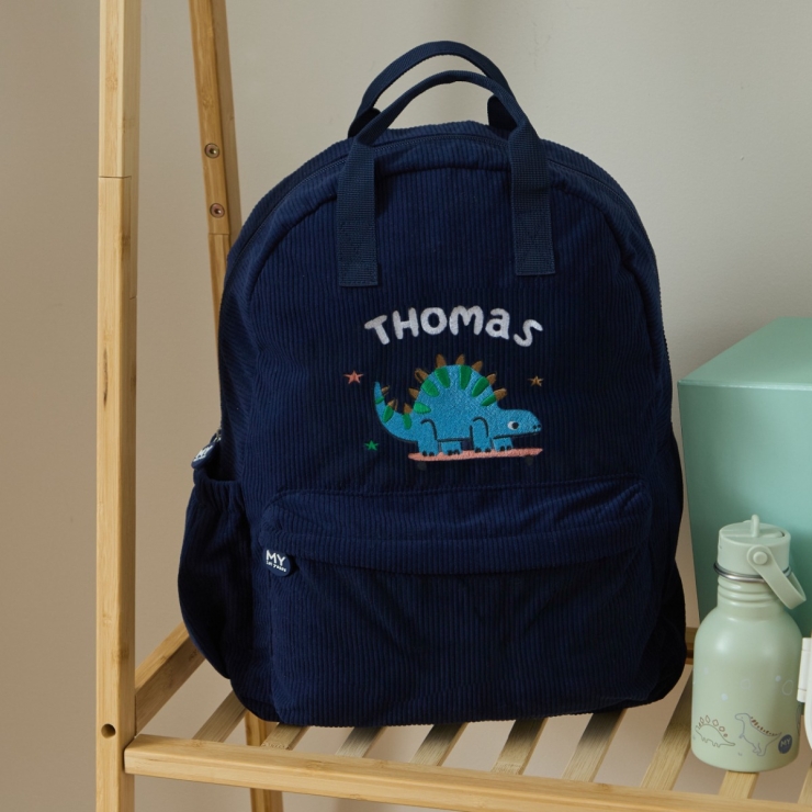 Personalised Blue Dino Large Navy Cord Backpack