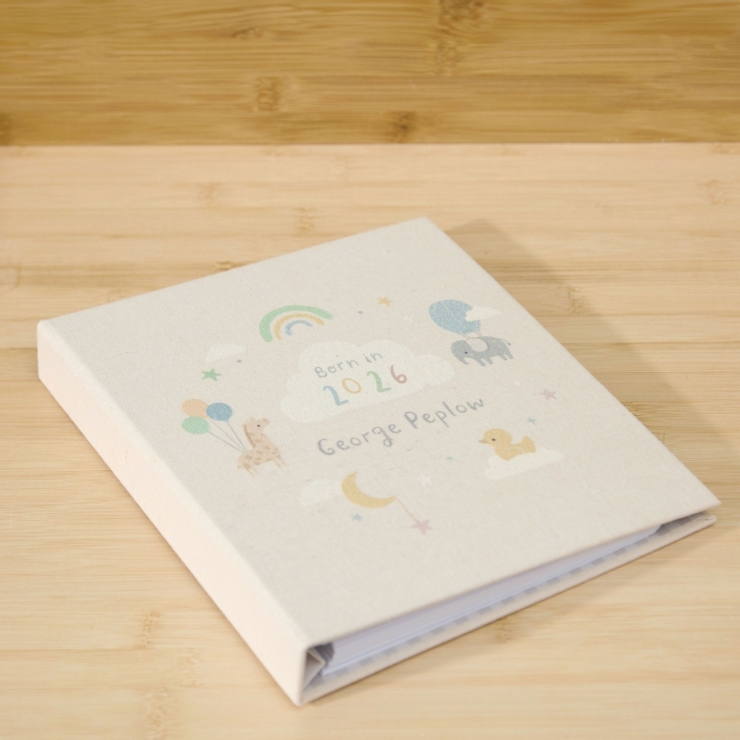 Personalised Born In 2026 Linen Baby Book