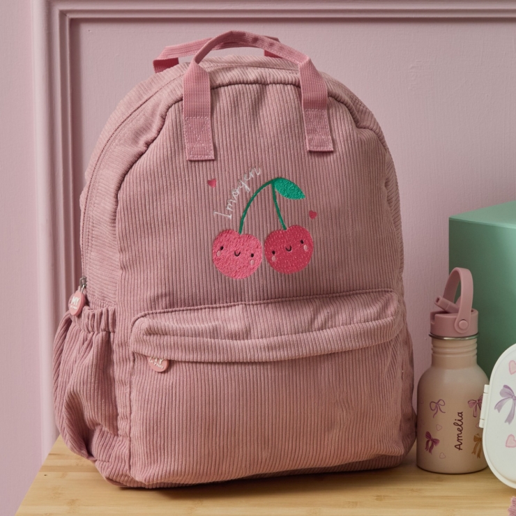 Personalised Cherries Large Pink Cord Backpack