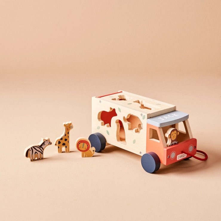Personalised Just Bee Kids Wooden Safari Jeep Shape Sorter Toy FSC®