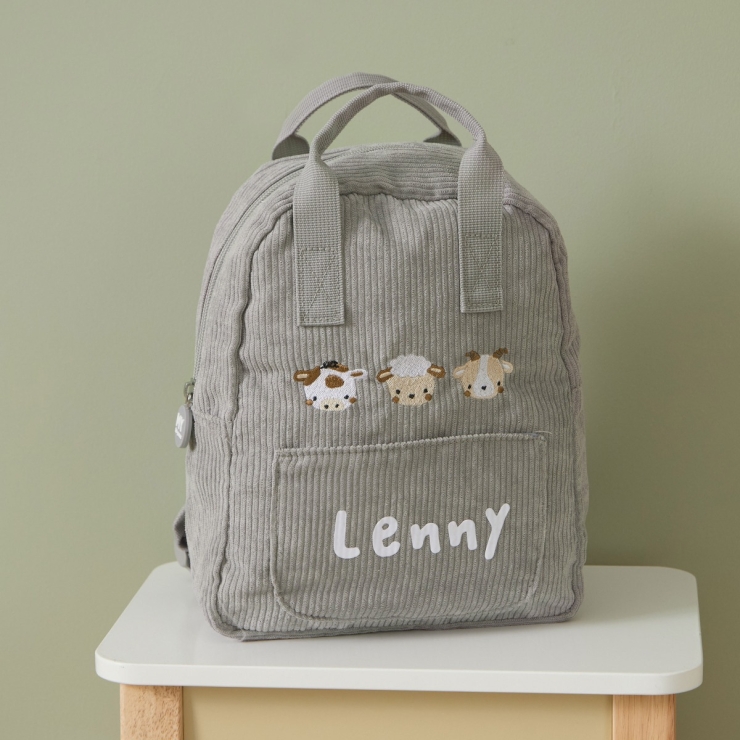 Personalised Farm Animals Embroidered Grey Cord Backpack