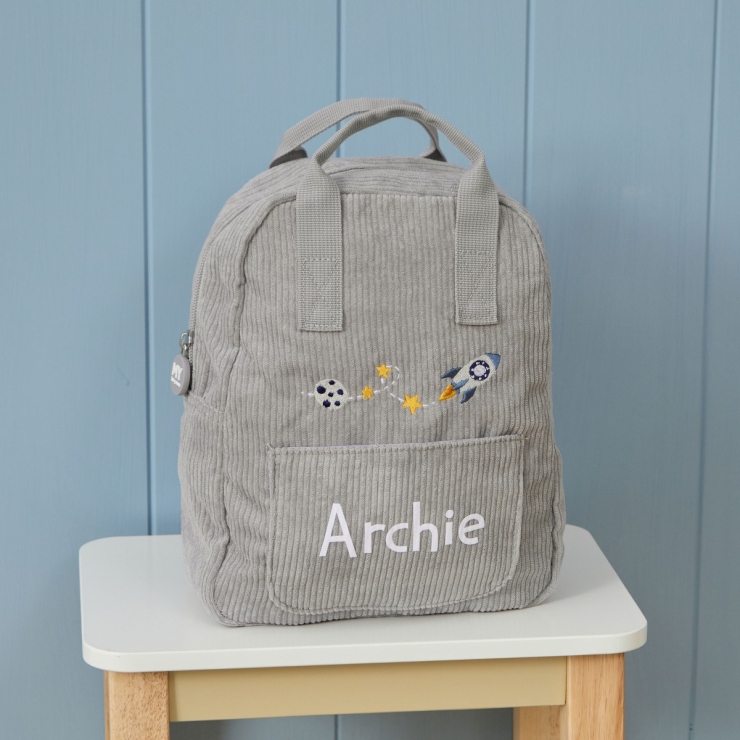Personalised Rocket Embroidered Grey Cord Backpack