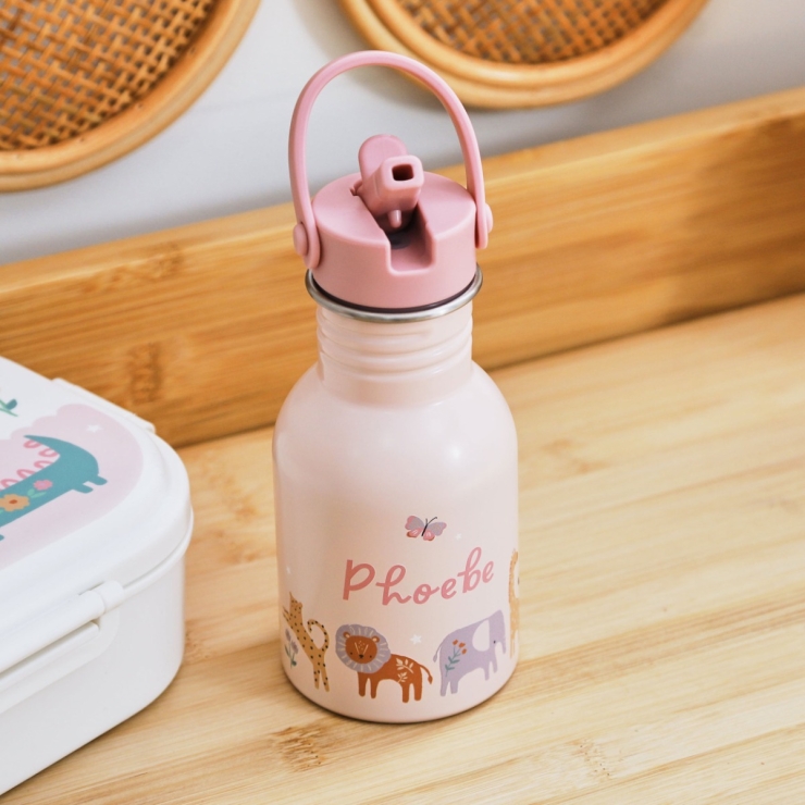 Personalised Pink Floral Safari Water Bottle