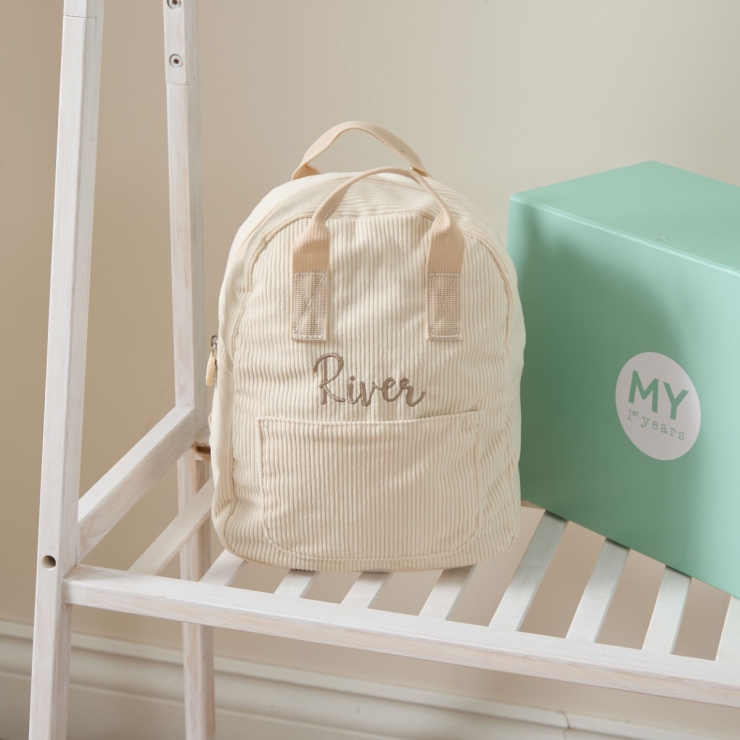 Personalised Big Name Embroidered Ecru Cord Mini Backpack