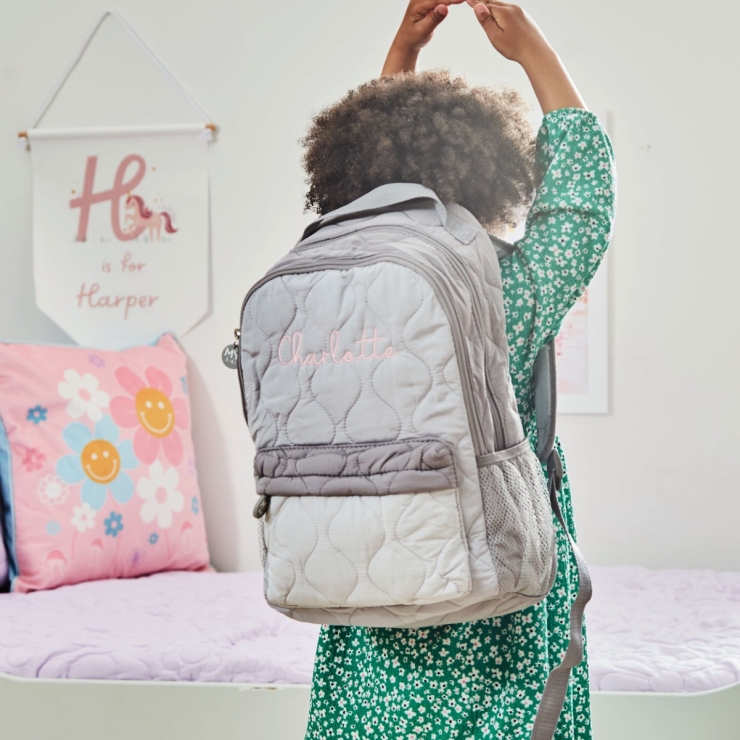 Personalised Pink Font Large Grey Quilted Backpack